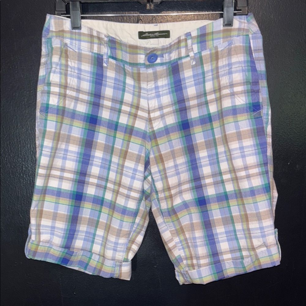 Eddie Bauer Blue and Green preppy nautical golf plaid Flat Front Shorts. Sz 6.